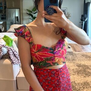 Tropical Colorful Floral Pleated Ruffle Crop Top Vacation (small - medium)